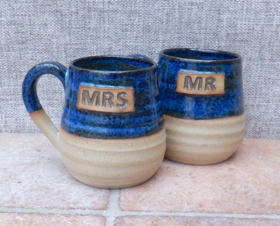 Pair of Mr & Mrs cuddle mug coffee tea cup handthrown stoneware pottery ceramic