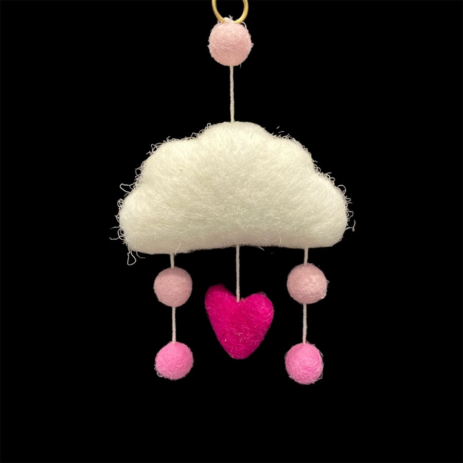 Felted cloud  with coloured felt balls and heart, wall hanging (pink)