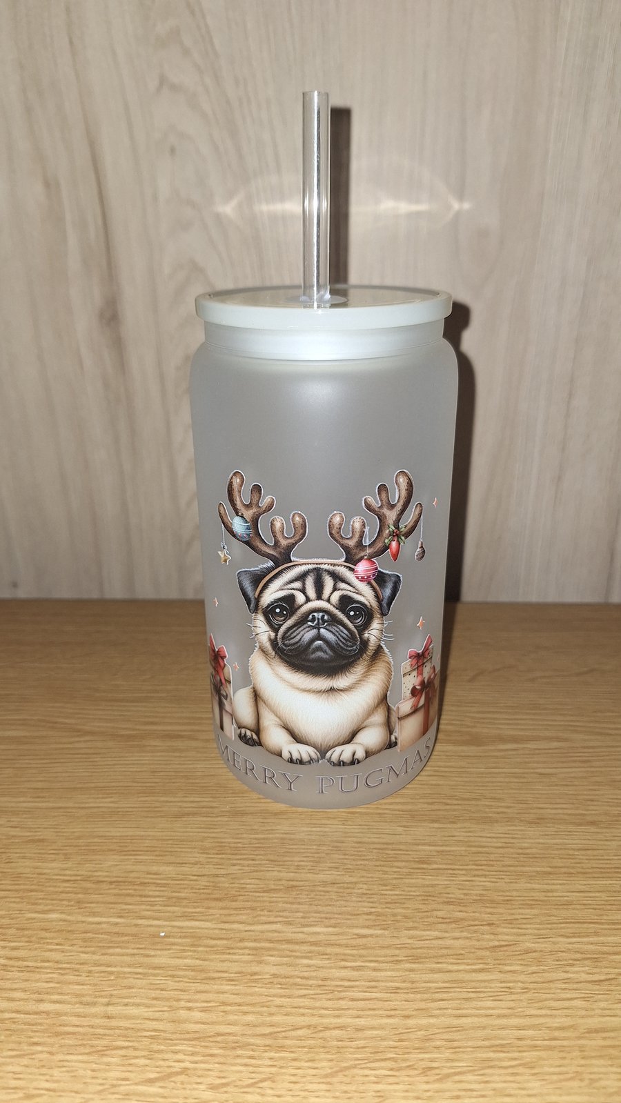 Merry Pugmas Adorable Christmas Pug Dog Breed 16oz Frosted Glass Libbey Can Cup