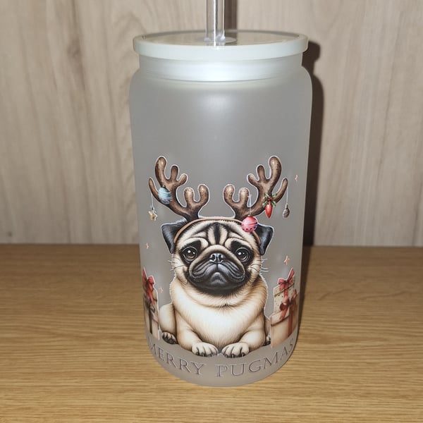 Merry Pugmas Adorable Christmas Pug Dog Breed 16oz Frosted Glass Libbey Can Cup