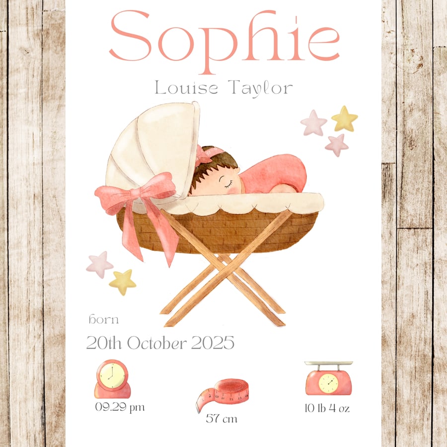 Baby Girl in Moses Basket Birth Announcement Personalised Unframed Print 