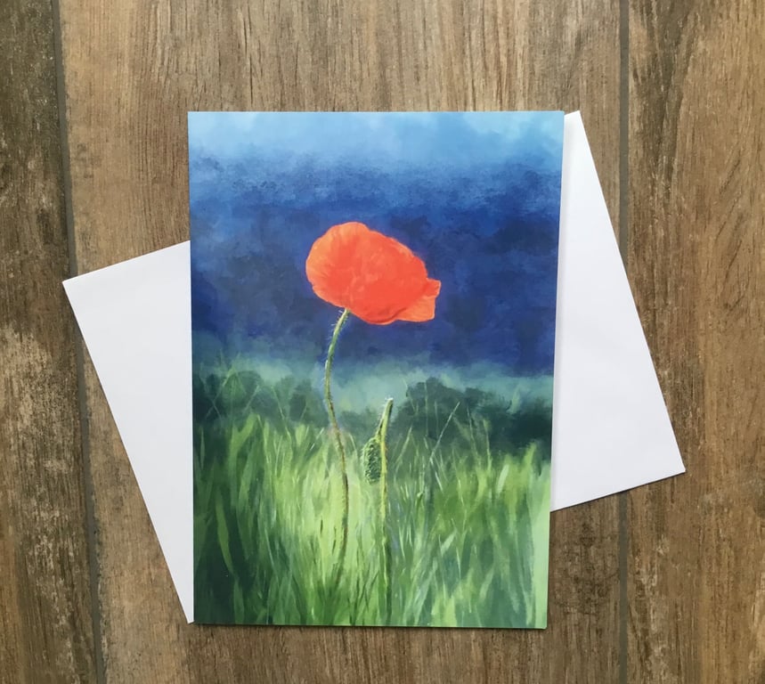 Single poppy - large greeting card by UK artist Janet Bird