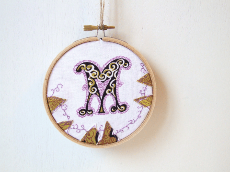 M embroidery hoop, initial letter M embroidery, Mum, Mia, Mason, Megan