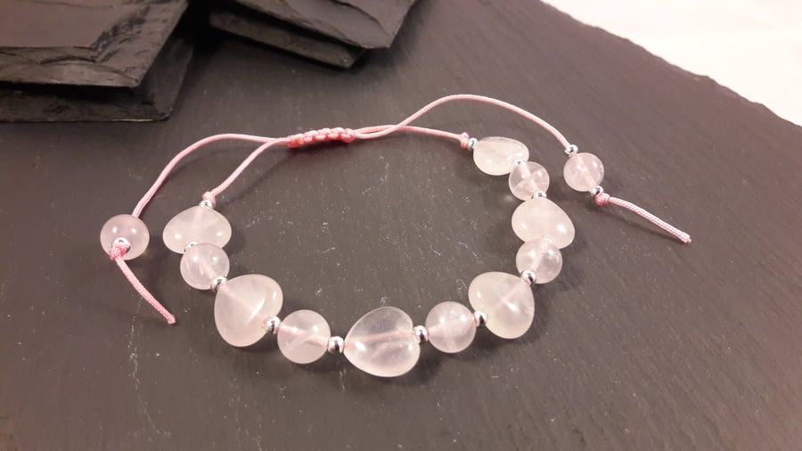 Rose Quartz Hearts and Rounds on Pink Cord Adjustable Bracelet