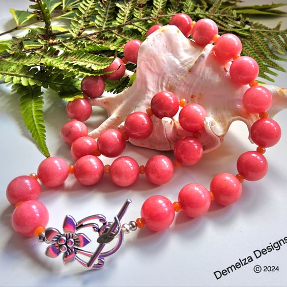 Designer Peach Quartz & Quartzite Statement Silver Plated Necklace. ONE OFF