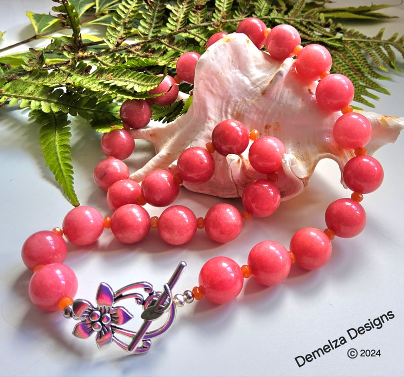 Designer Peach Quartz & Quartzite Statement Silver Plated Necklace. ONE OFF