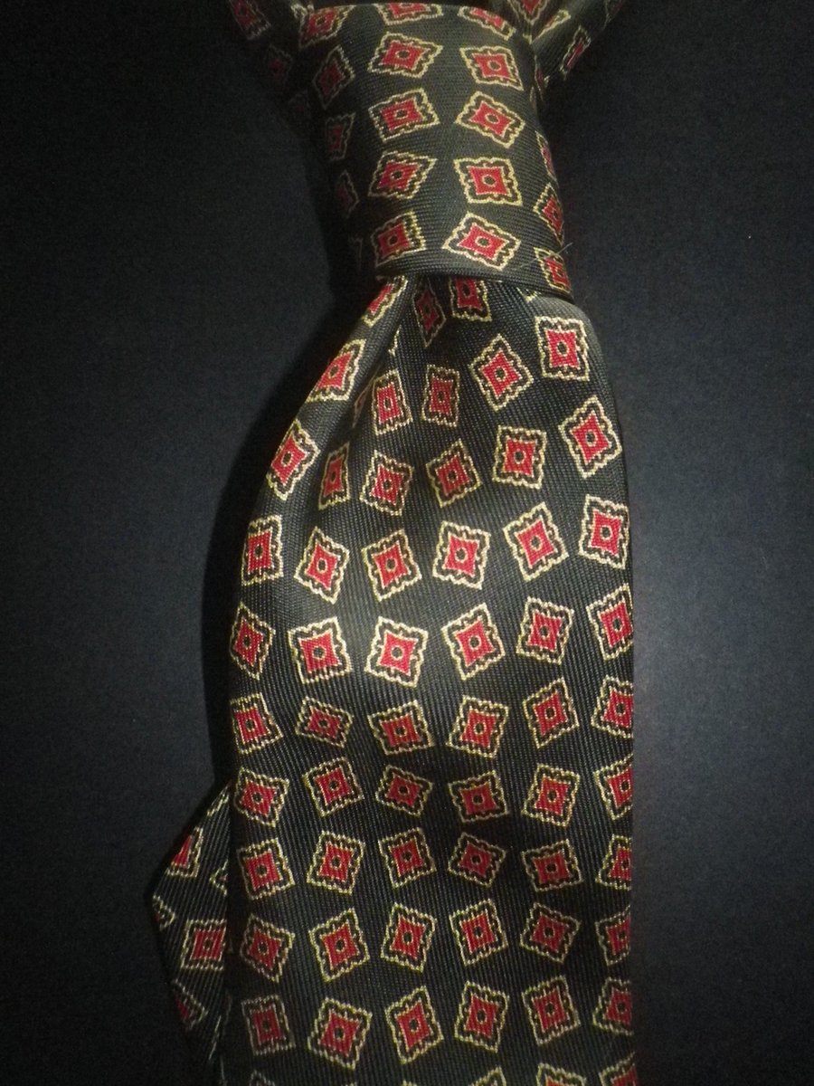 Red square motif on dark green 9.5cm blade silk tie, fee shipping, gift wrapped