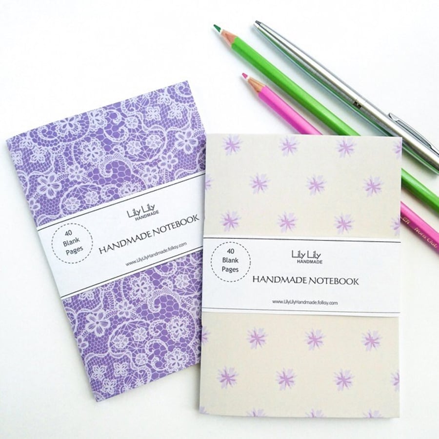 SOLD Two pocket notebooks, lace and floral designs, handmade