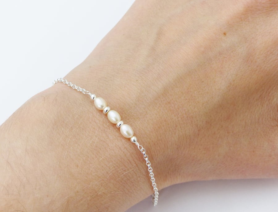 Ivory Pearl bar bracelet, sterling silver adjustable bracelet, June birthstone