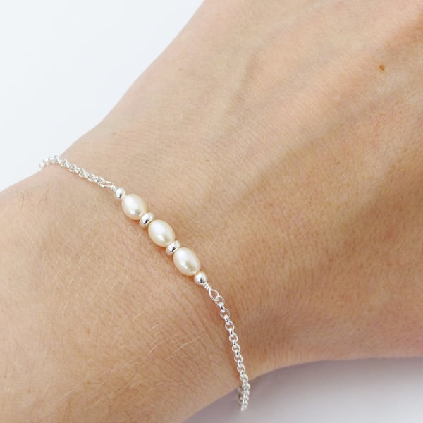 Ivory Pearl bar bracelet, sterling silver adjustable bracelet, June birthstone