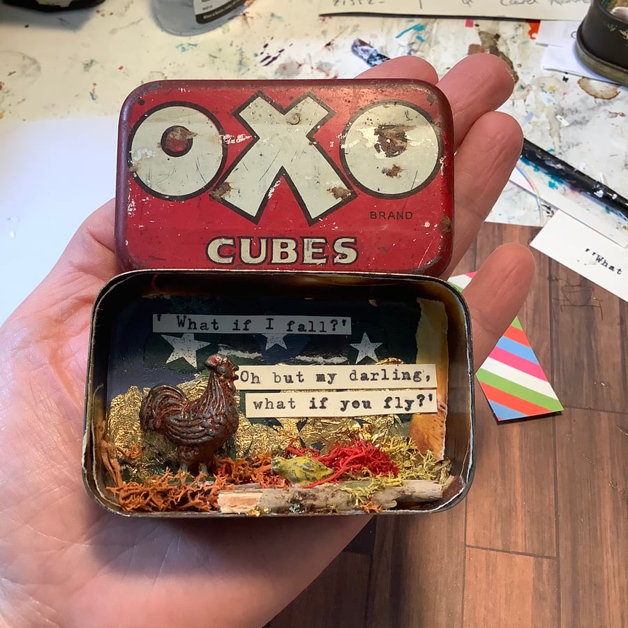 What if I fall? What if you fly? Vintage tin. Mixed media. Quirky 