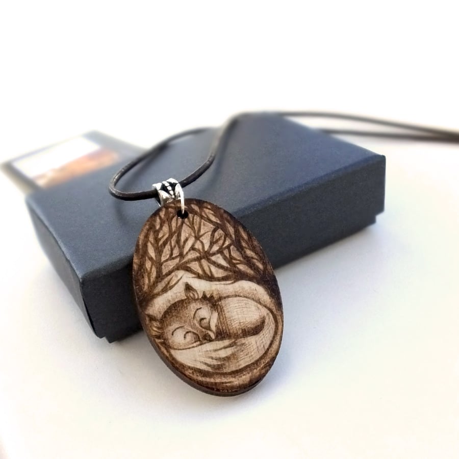 Sleepy Fox Cub in the Woods Pyrography Pendant Necklace
