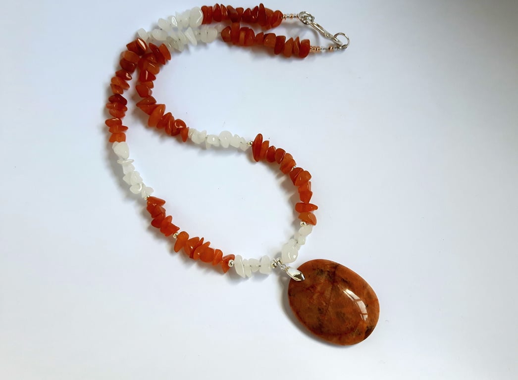Sterling Silver Gemstone Necklace with Zebradorite, Orange Jade and Quartz. 