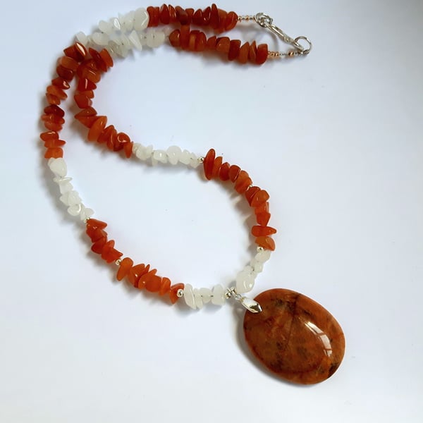 Sterling Silver Gemstone Necklace with Zebradorite, Orange Jade and Quartz. 