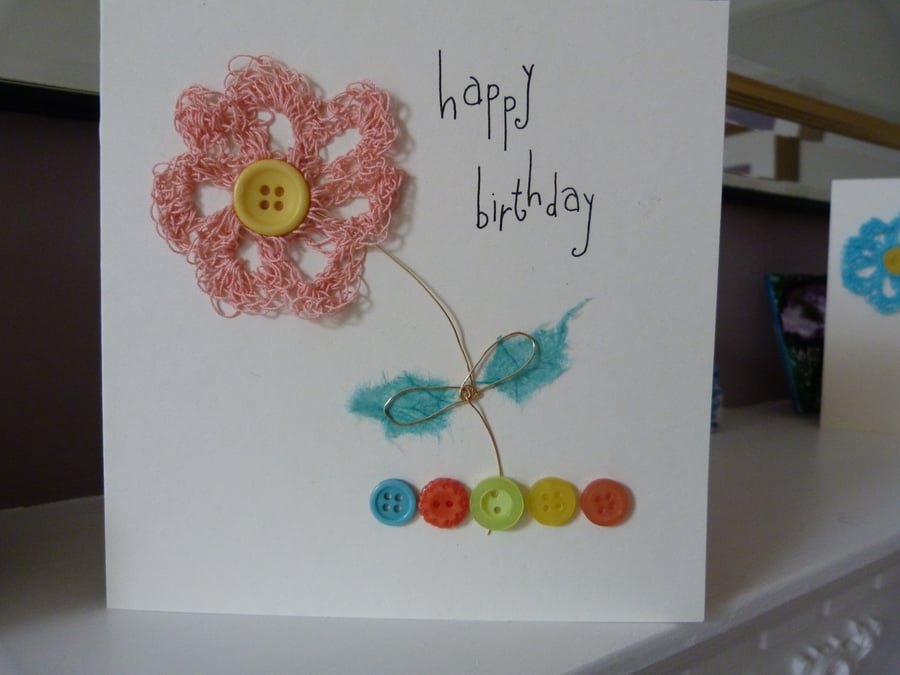 Peach Crochet Flower Birthday Card