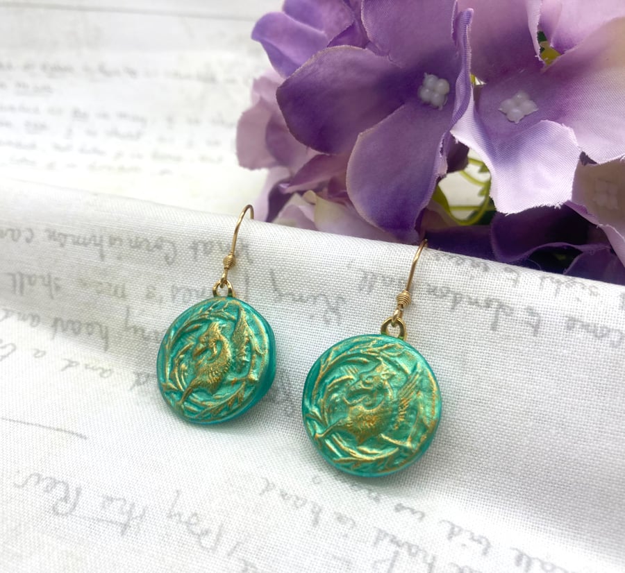 Pale Jade and gold Griffin dangle earrings mythology - Seconds Sunday