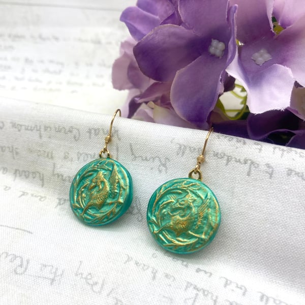 Pale Jade and gold Griffin dangle earrings mythology - Seconds Sunday