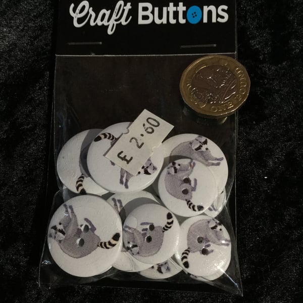 Craft Buttons White with a Raccoon Image (N.65)