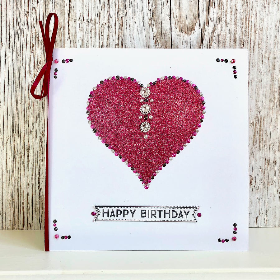 Birthday card - handmade birthday card - heart, glitter. pink - male or female