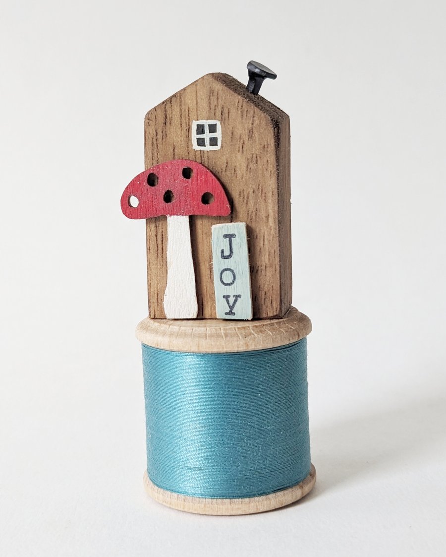Wooden House on a Vintage Bobbin 'Joy' 