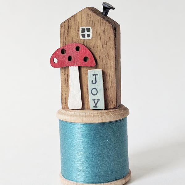 Wooden House on a Vintage Bobbin 'Joy' 