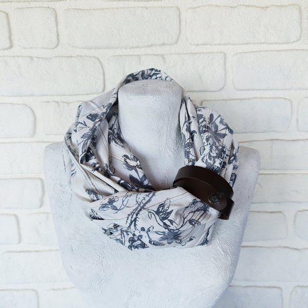 Cotton Summer White-gray Infinity Scarf with faux leather strap White Gray Sprin