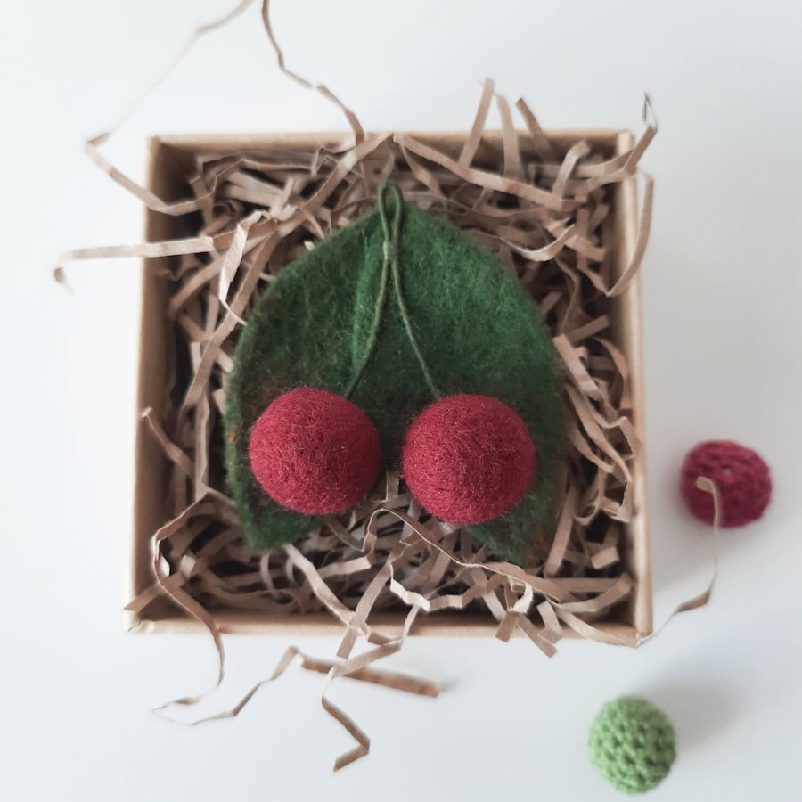 Needle Felt Merino Cherry Brooch