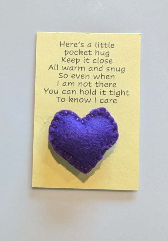 Handmade handsewn felt mini heart shaped pocket hug purple