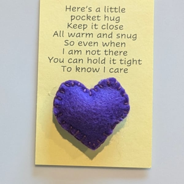 Handmade handsewn felt mini heart shaped pocket hug purple