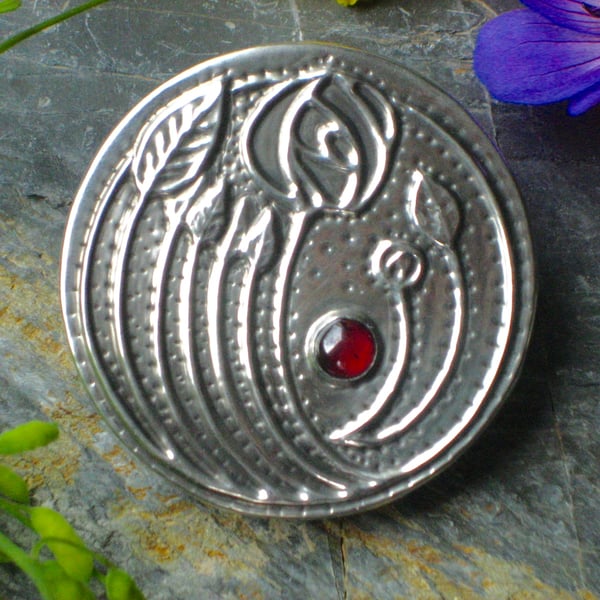 Large Pewter Mackintosh Brooch with Garnet Cabochon