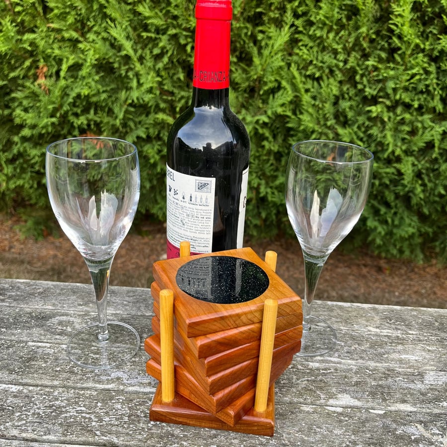 Handcrafted Cherry Wood Coasters - Midnight Glitter set of 6 with Stand