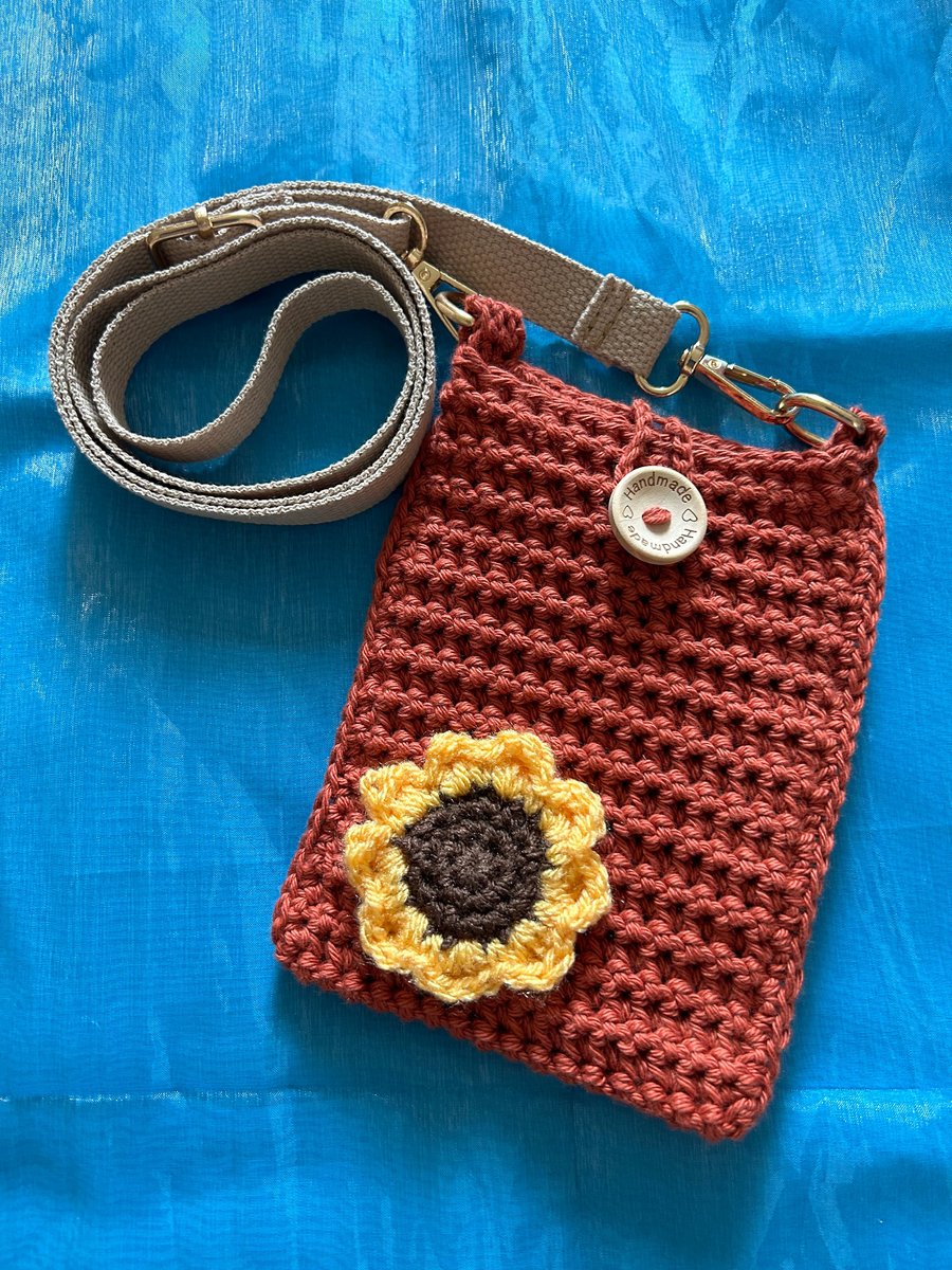 Crocheted Phone Bag with Sunflower and Cross Body Strap