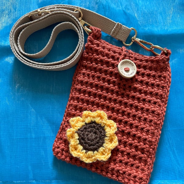 Crocheted Phone Bag with Sunflower and Cross Body Strap