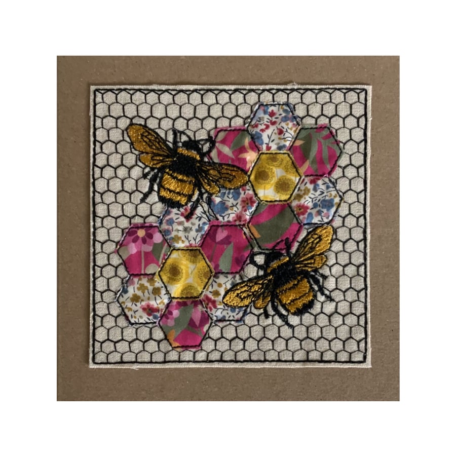Bee Hexie card, Bee Card, Bee Stitched Keepsake Card, Embroidered Bee Card