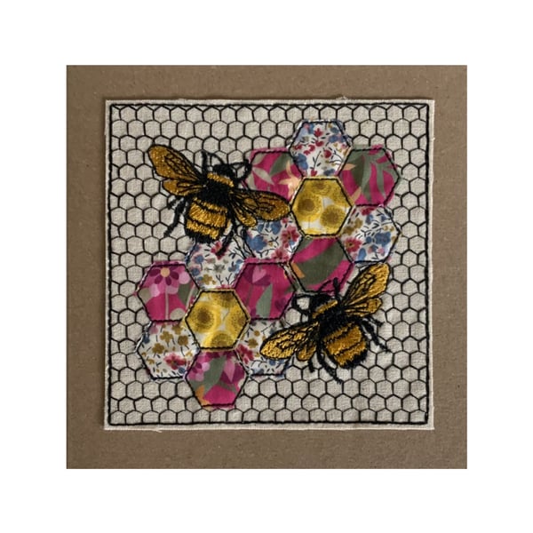 Bee Hexie card, Bee Card, Bee Stitched Keepsake Card, Embroidered Bee Card