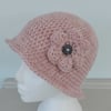 Cloche Hat Adults Pale Pink Alpaca and Acrylic Chunky Yarn