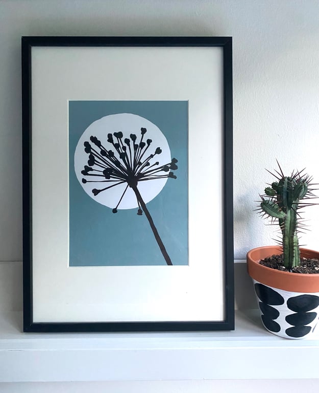 Botanical art, Garden Allium, seed head, shadow painting, handmade, signed, blue
