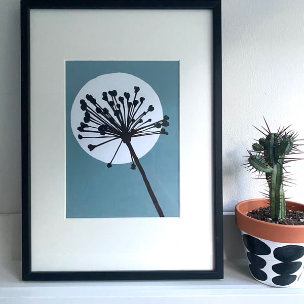 Botanical art, Garden Allium, seed head, shadow painting, handmade, signed, blue