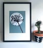 Botanical art, Garden Allium, seed head, shadow painting, handmade, signed, blue - Image 1
