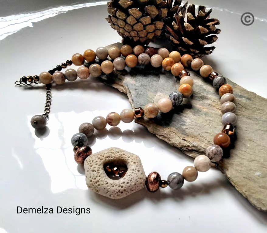 Rare Fossil Coral, Heamotite & Lava Rock Unisex Necklace