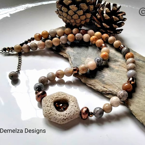 Rare Fossil Coral, Heamotite & Lava Rock Unisex Necklace