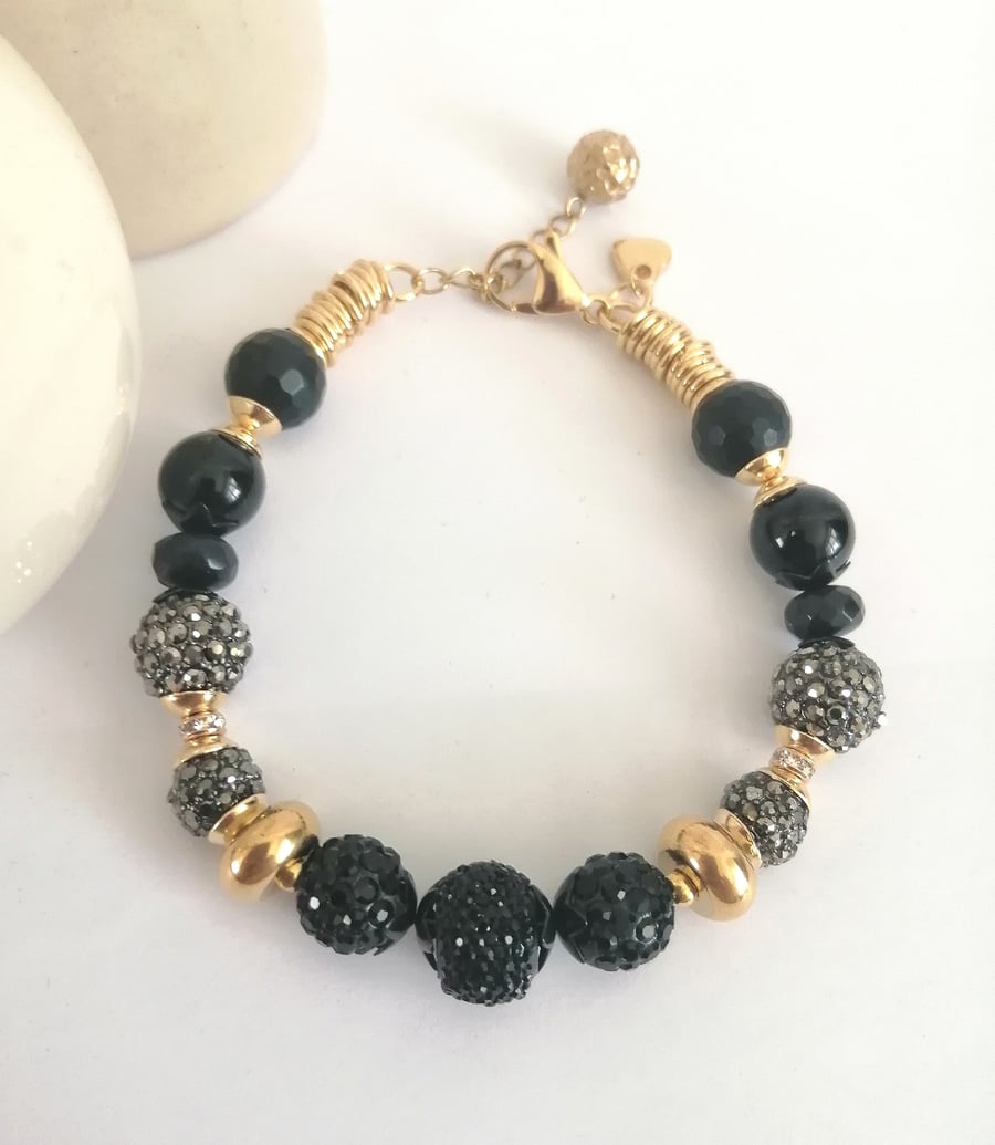 Black, gray & gold rhinestone beaded bracelet