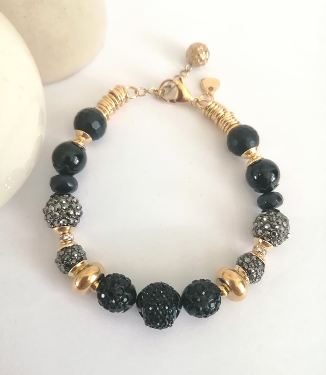 Black, gray & gold rhinestone beaded bracelet