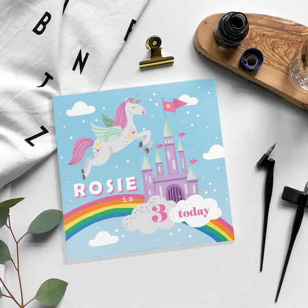 Personalised unicorn age card - kids birthday - children's birthday