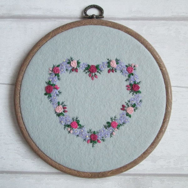 Hand Embroidered Floral Heart on Pale Grey Wool Felt in Decorative Hoop