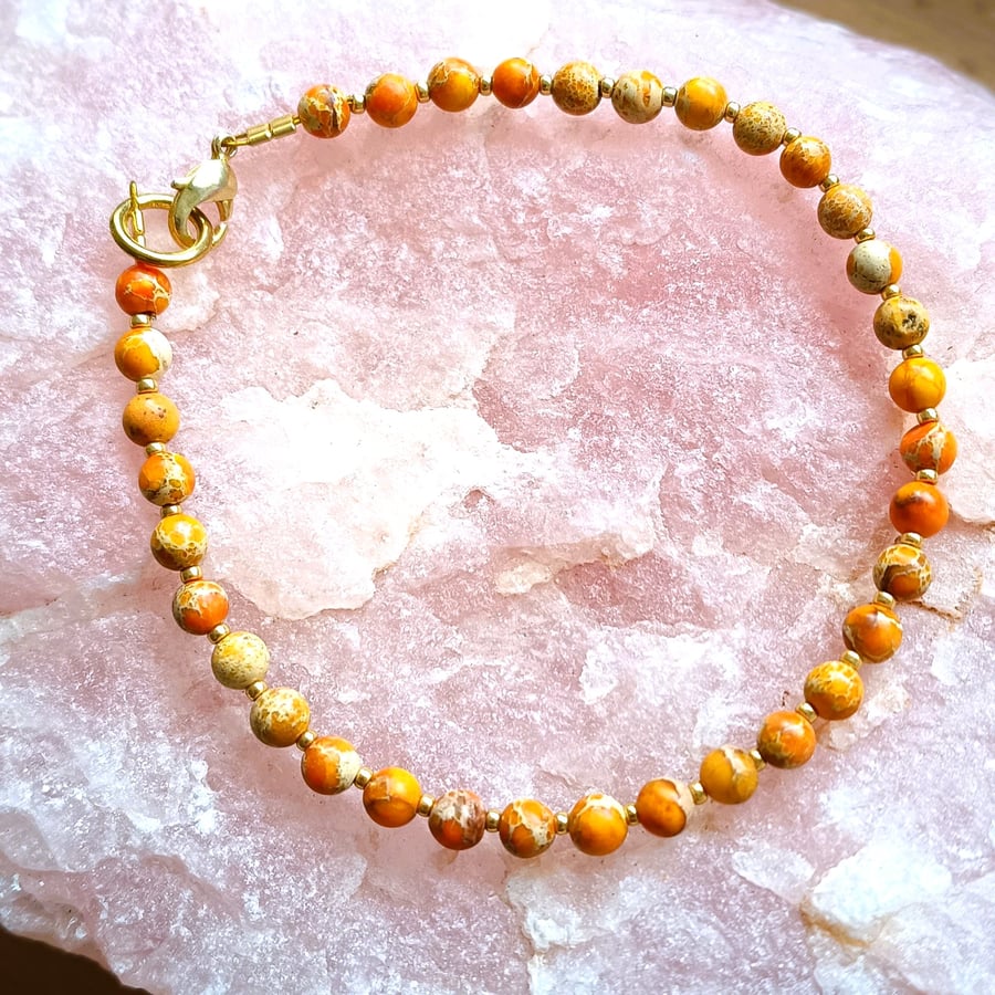 Orange Jasper Gemstone Stacker Bead Bracelet 7 Inch