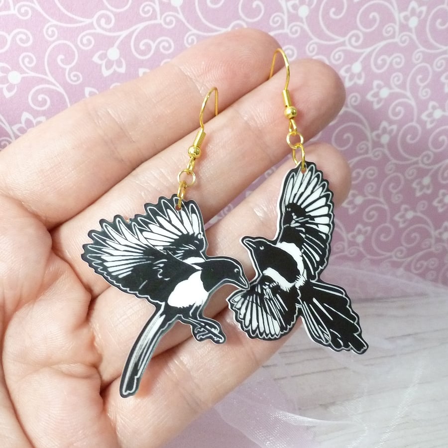 Two for joy magpie earrings on gold plated wires, laser engraved and lightweight