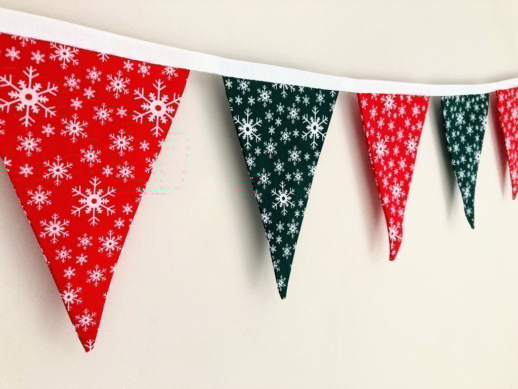 Christmas Red and Green with White Snowflakes double sided fabric bunting. 