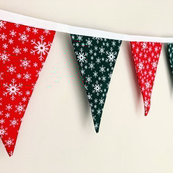 Christmas Red and Green with White Snowflakes double sided fabric bunting. 