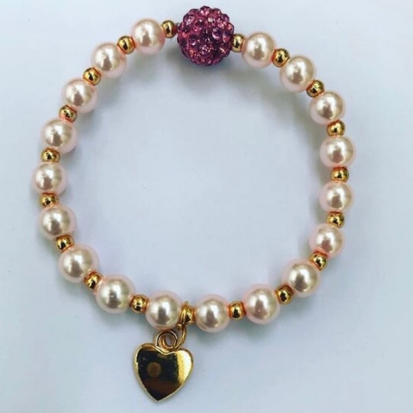 Pink goldtone heart charm bracelet shamballa stretch beaded bracelet
